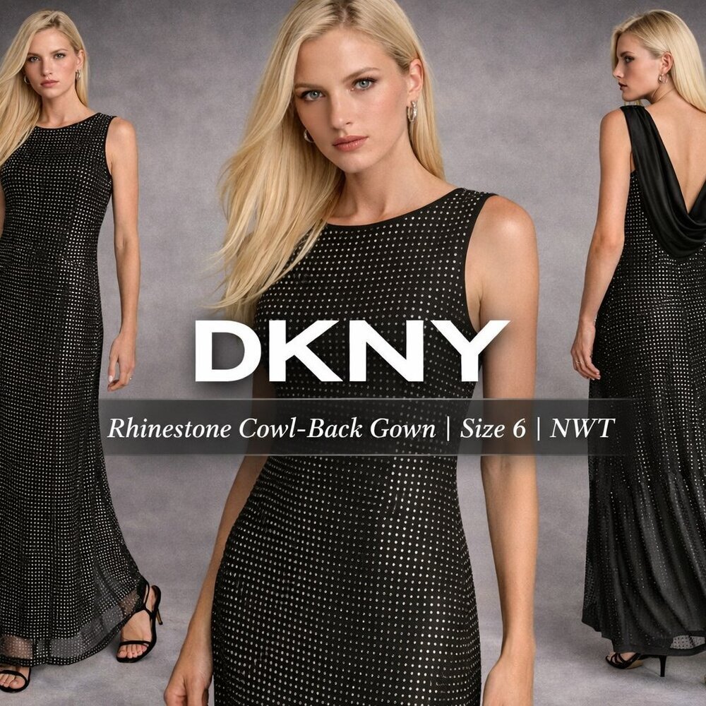 DKNY Black Rhinestone Dress Cowl Back Gown Size 6 NWT Evening Formal Gown - Picture 2 of 9